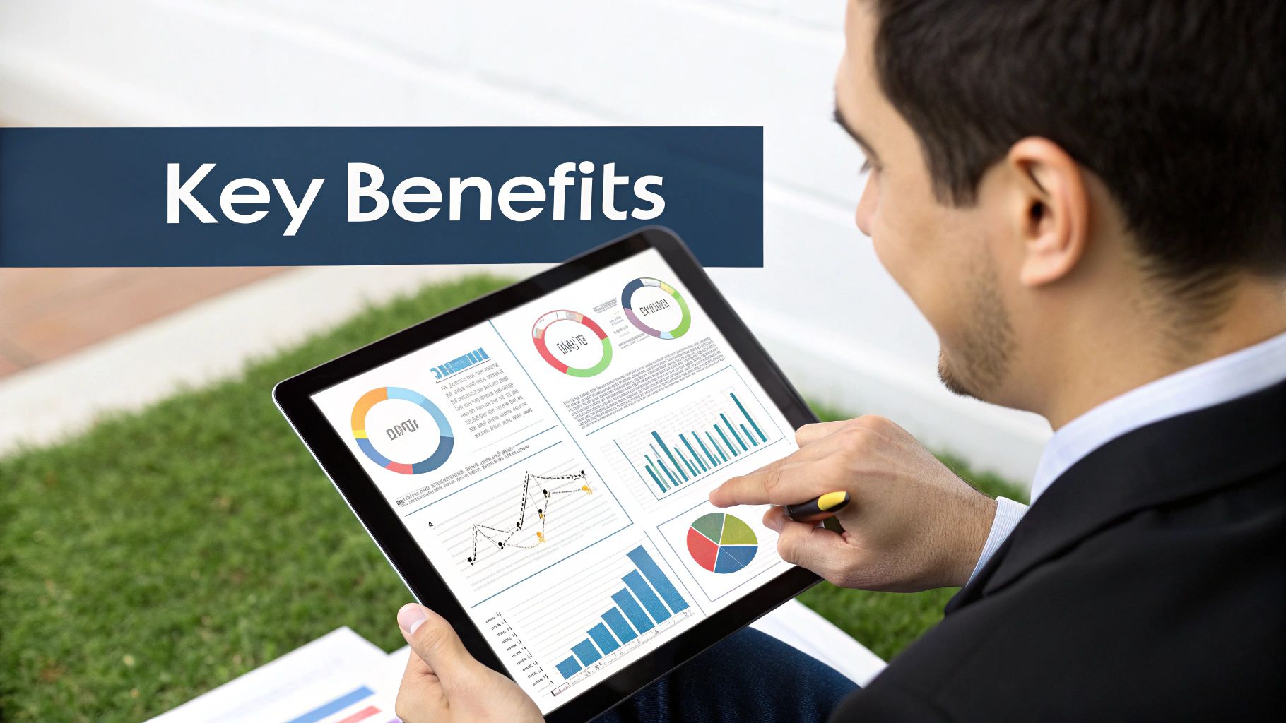 A laptop showing affiliate marketing growth charts with a person's hand pointing at the screen, symbolizing strategic growth.