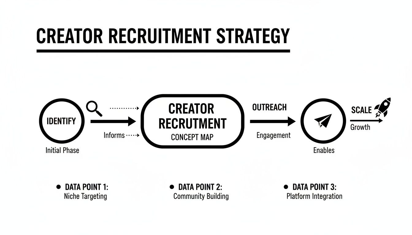 A flowchart illustrating a Creator Recruitment Strategy, detailing identification, recruitment, outreach, and scaling, with three key data points.