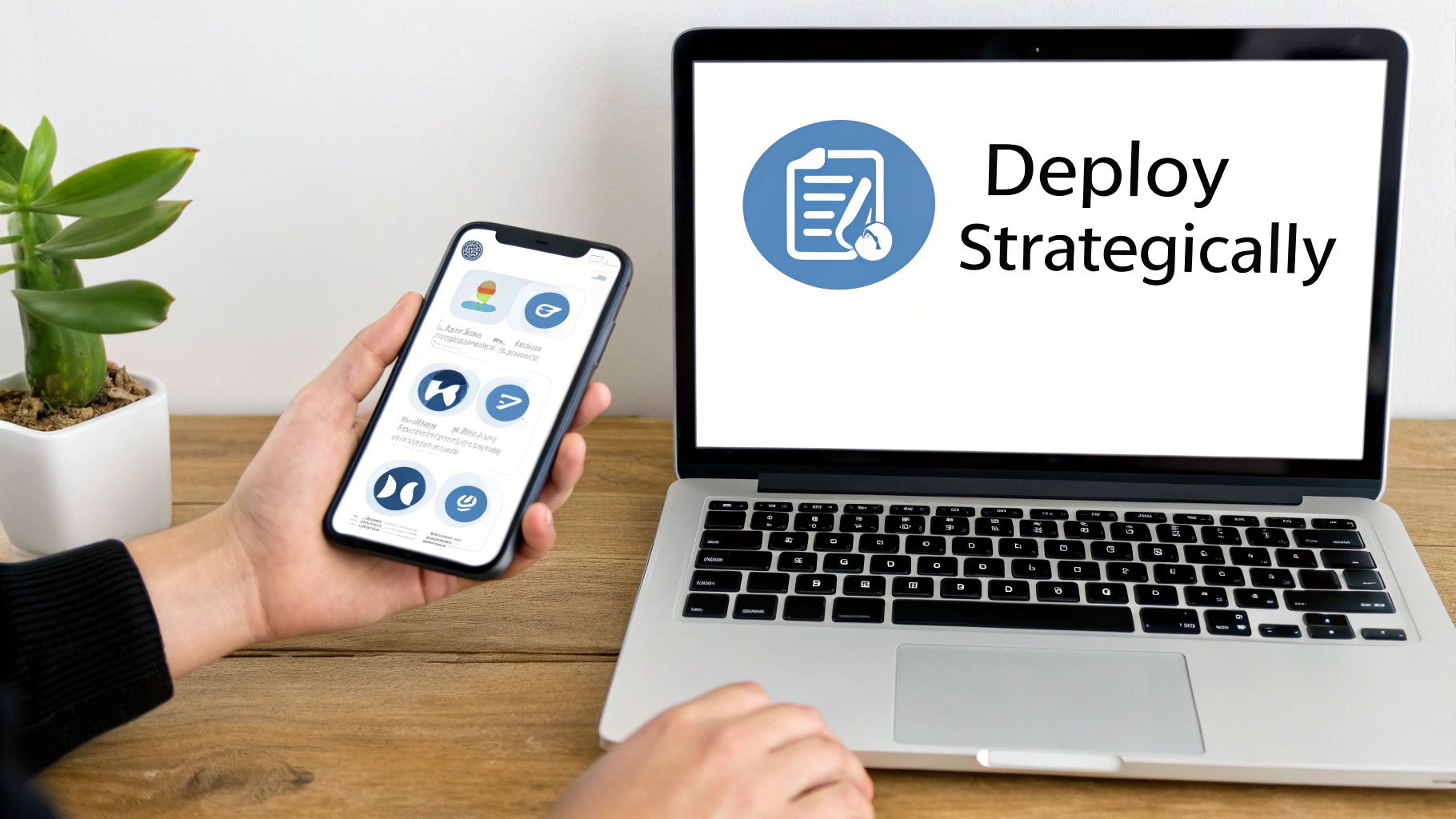 A person holds a smartphone showing various apps next to a laptop displaying 'Deploy Strategically'.