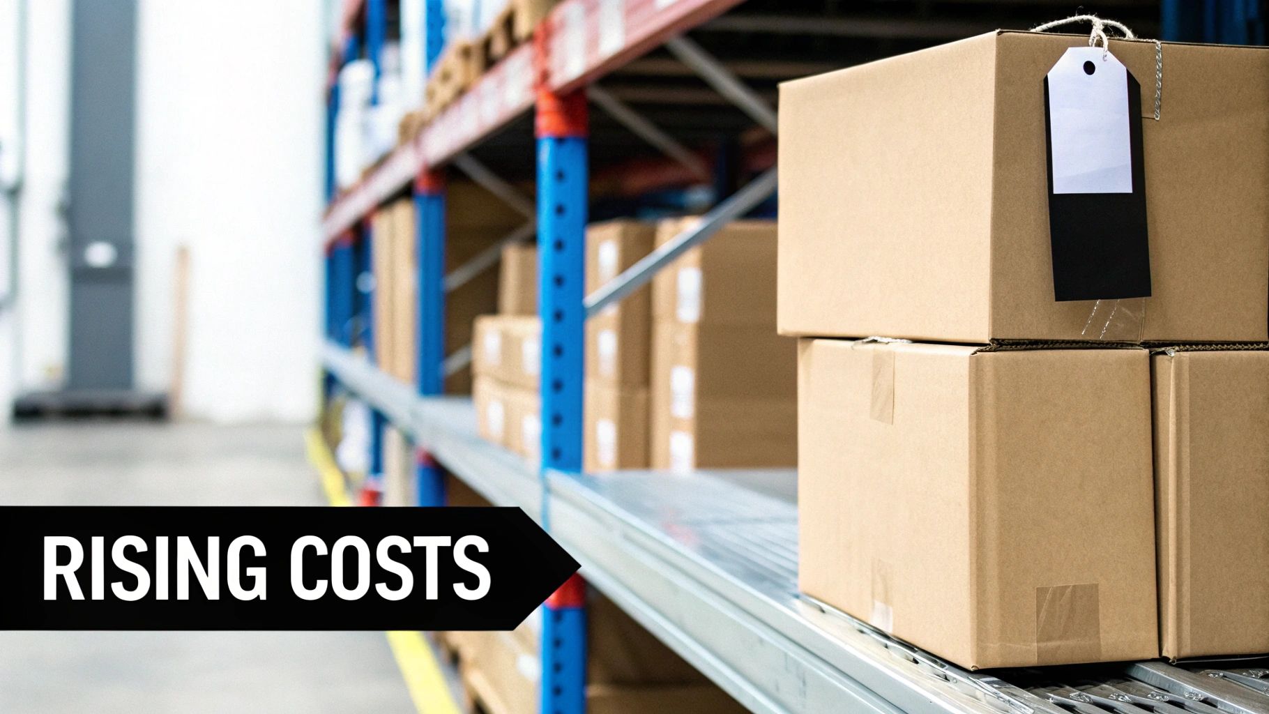 Cardboard boxes stacked on warehouse shelves with a 'Rising Costs' overlay, symbolizing increased expenses.