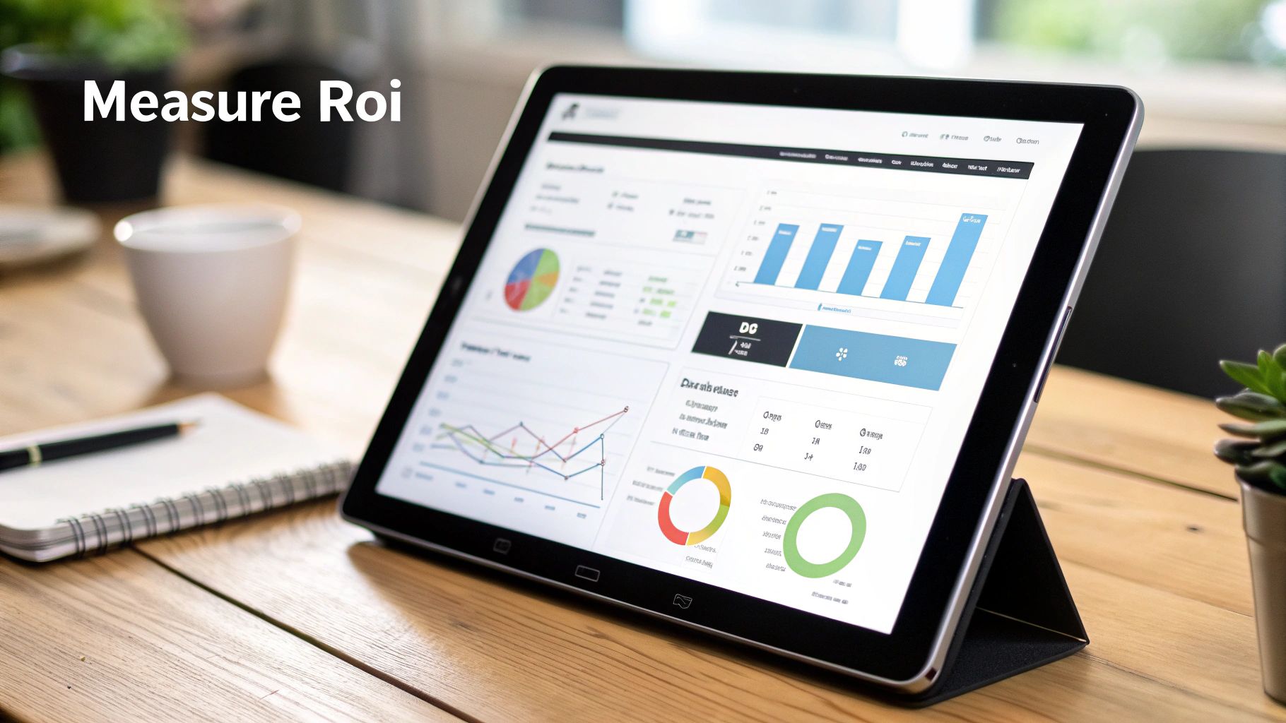 A tablet displays business analytics and ROI metrics on a wooden desk with a notebook and coffee.
