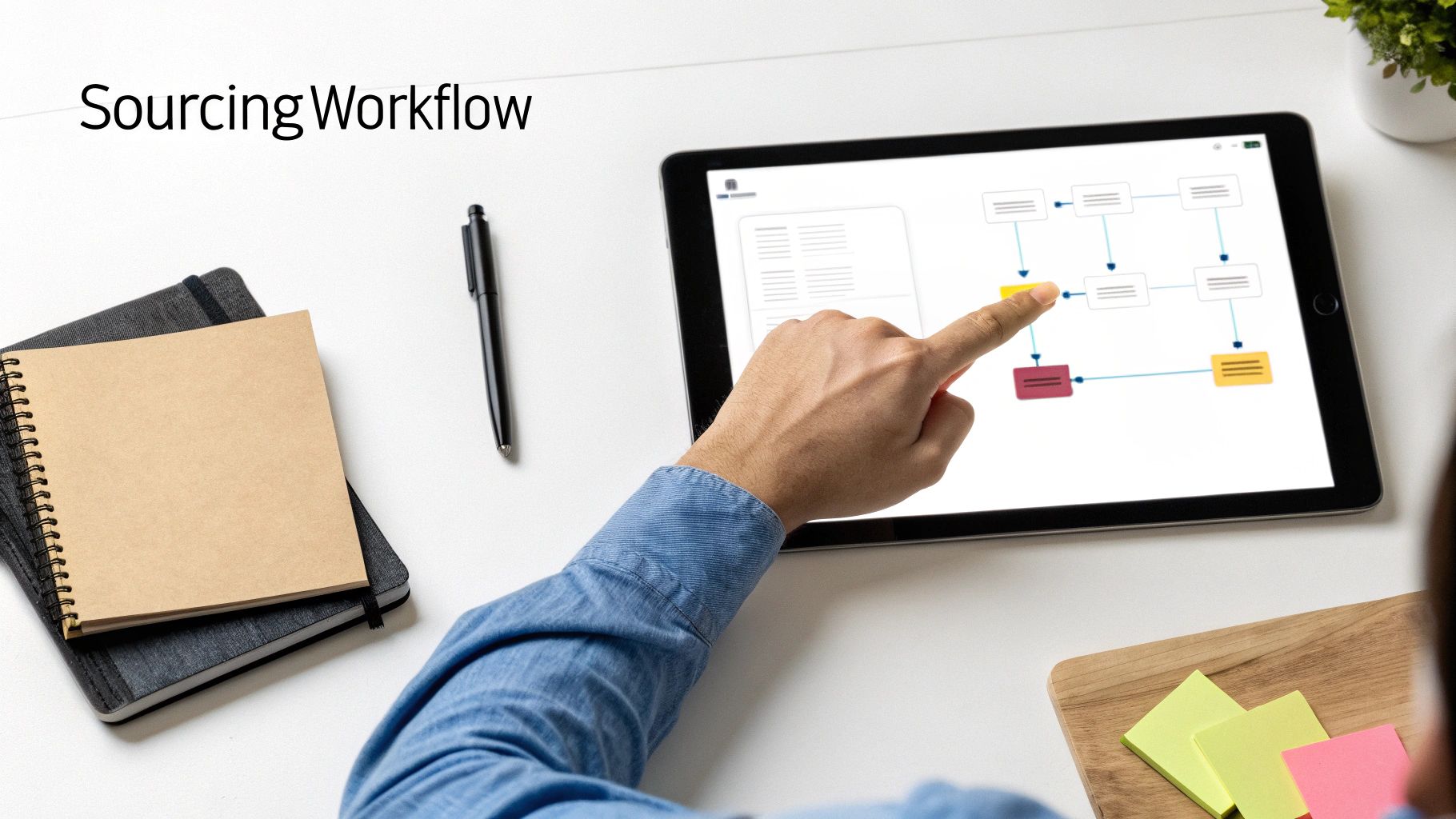 A person's hand touches a tablet displaying a 'Sourcing Workflow' diagram on a white desk.