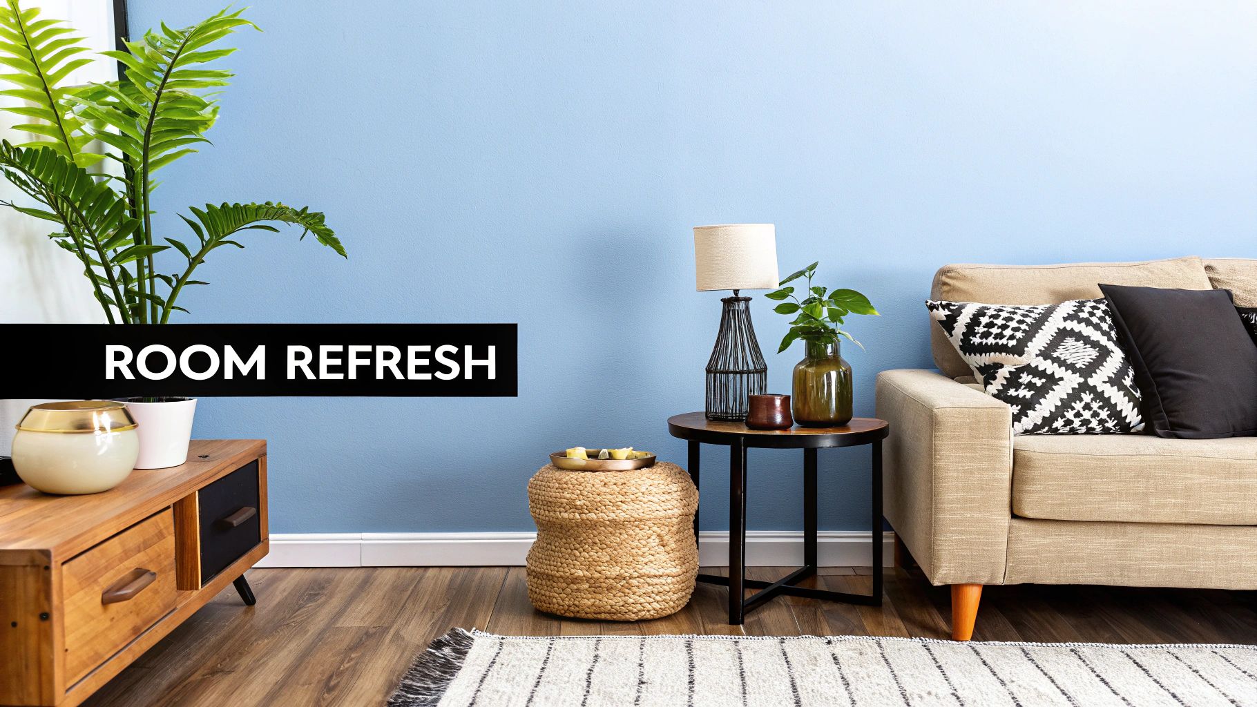 A cozy living room interior with a light blue wall, beige sofa, wooden furniture, plants, and a rug.