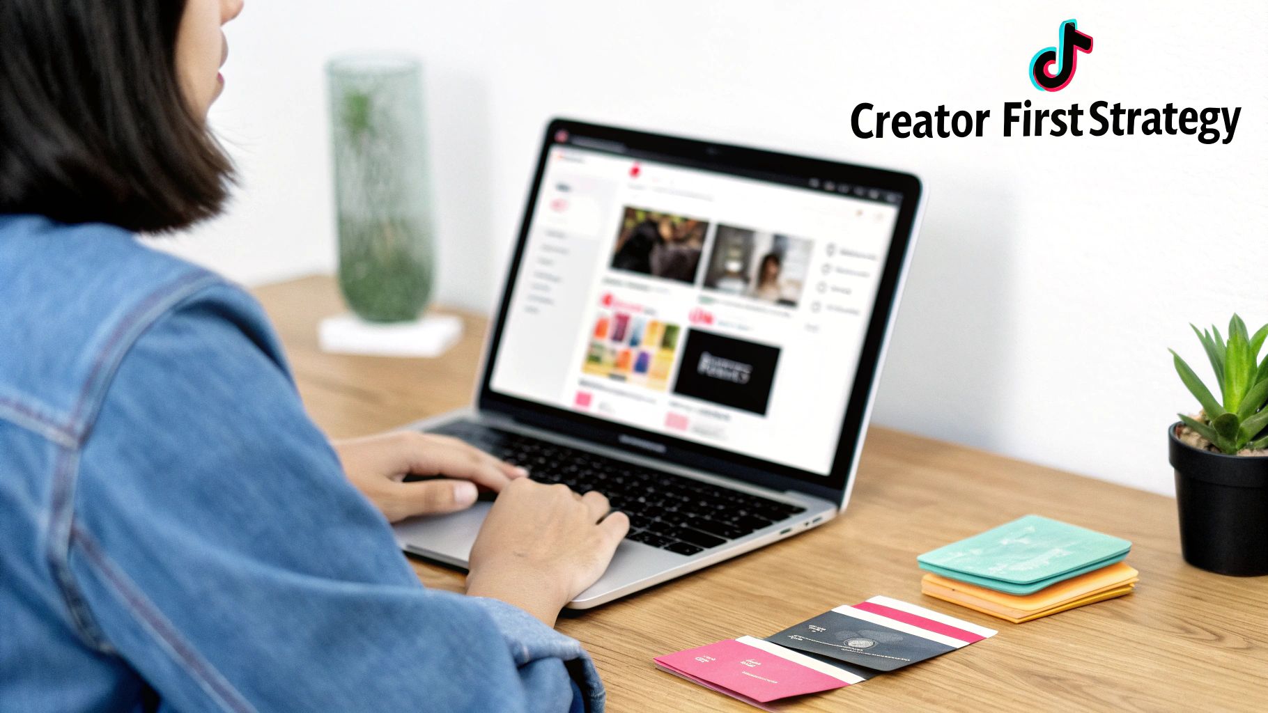 A person in a denim shirt types on a laptop showing an interface, next to 'TikTok Creator First Strategy' text.