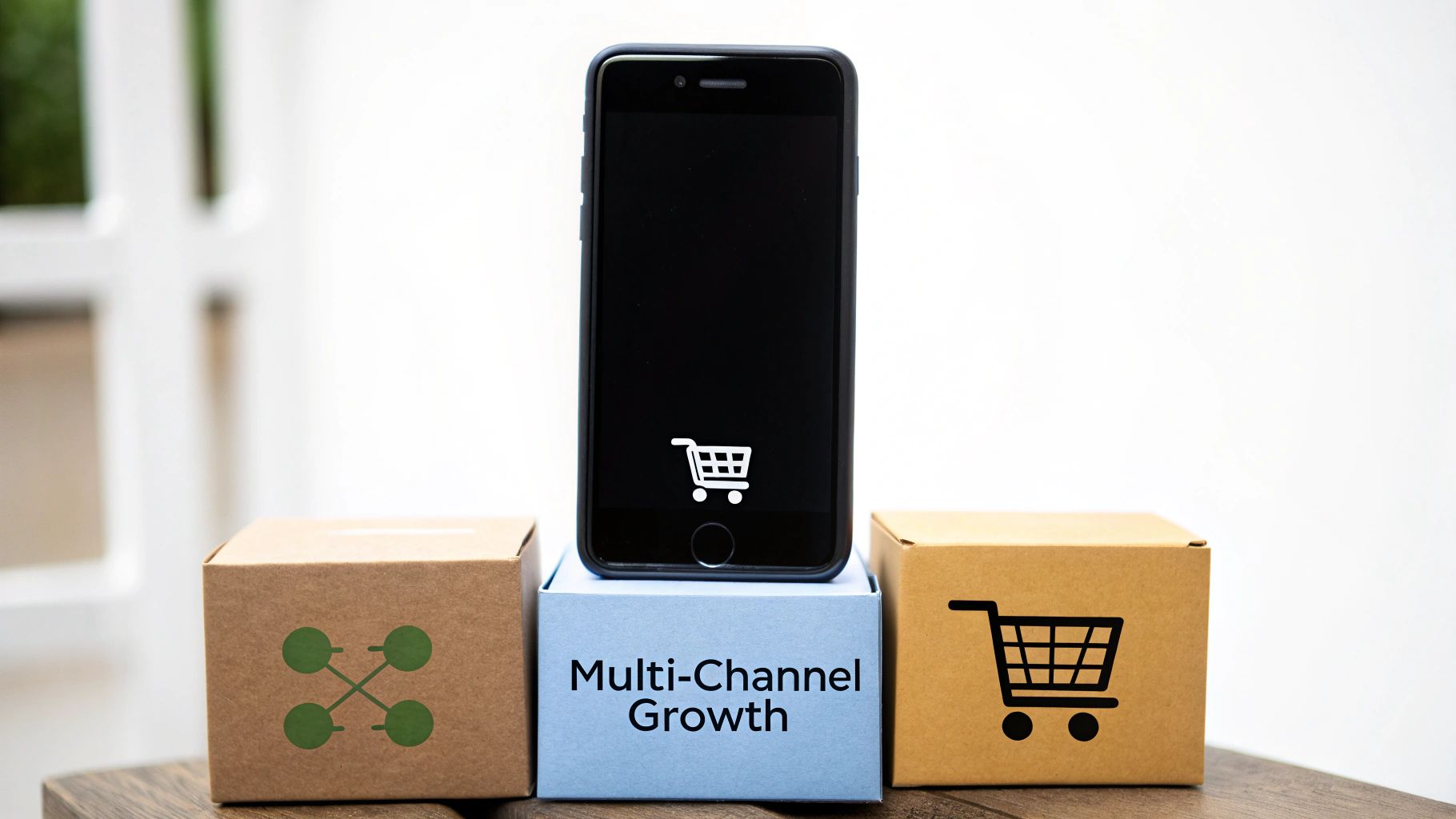 Smartphone with shopping cart icon on a 'Multi-Channel Growth' box, flanked by e-commerce boxes.