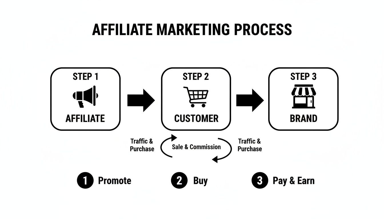 Diagram illustrating the affiliate marketing process, showing steps for the affiliate, customer, and brand.