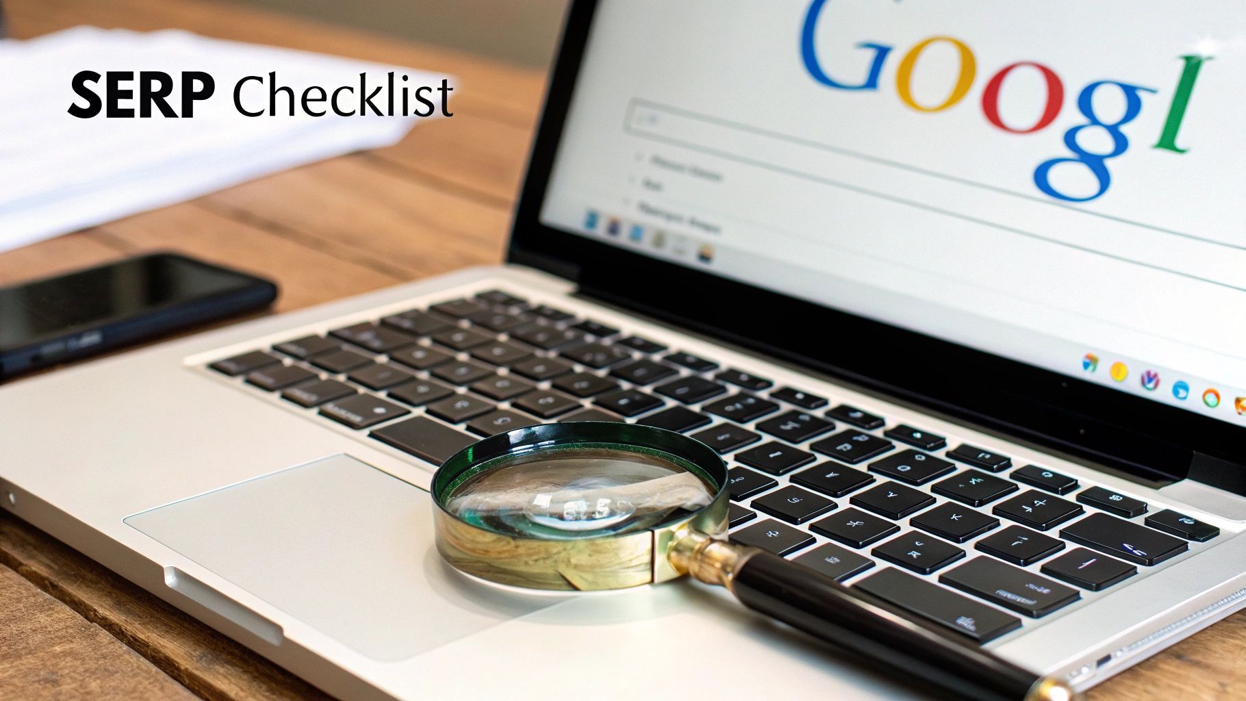 A person analyzing a search engine results page on a laptop screen