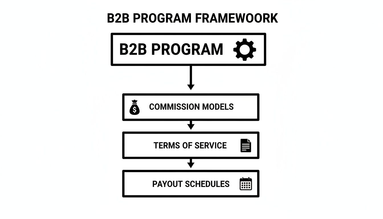 A flowchart outlining a B2B program framework with commission models, terms of service, and payout schedules.