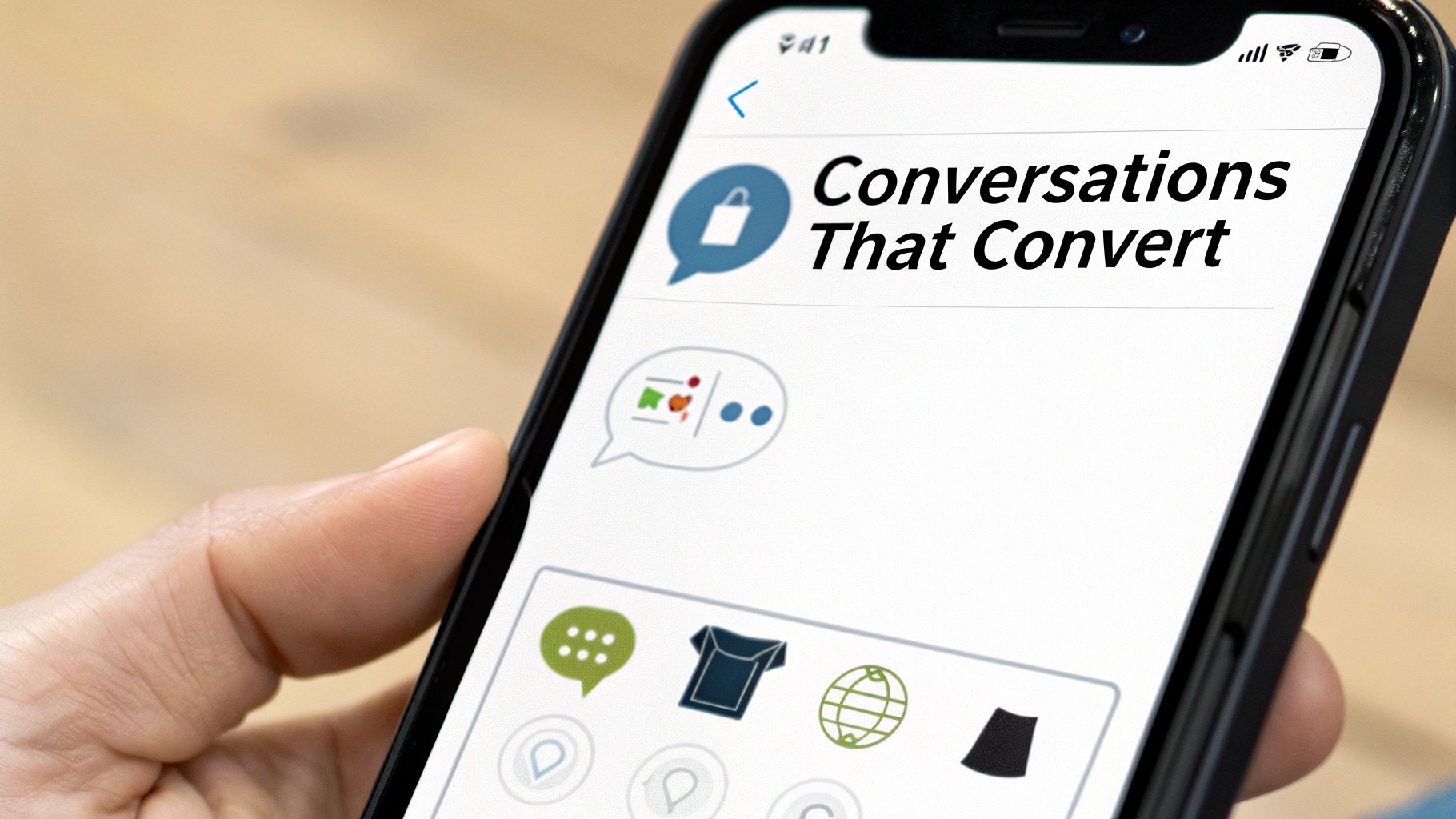 Mobile phone displaying "Conversations That Convert" with chat, shopping bag, clothing, and globe icons.