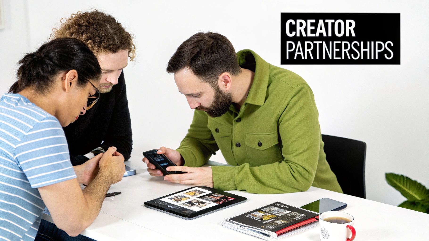 Three colleagues collaborate at a desk, reviewing content on digital devices and a magazine, with 'CREATOR PARTNERSHIPS' in the background.