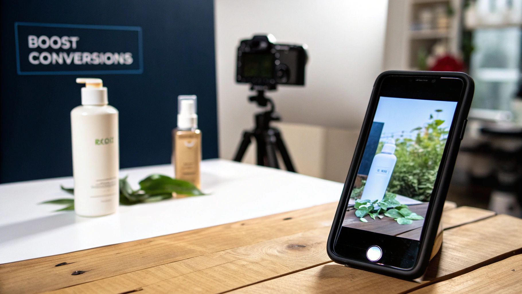 Smartphone displaying product photography setup with eco-friendly cosmetics and camera on tripod for TikTok Shop