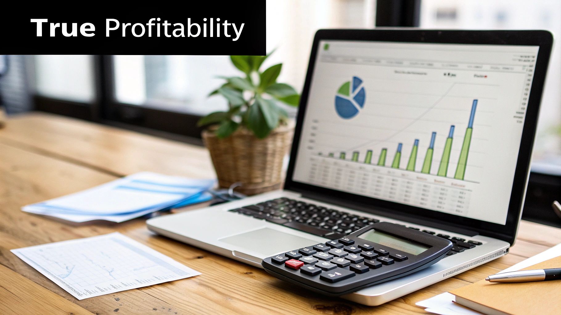 Laptop displaying financial graphs and charts with a calculator on a wooden desk, signifying true profitability.