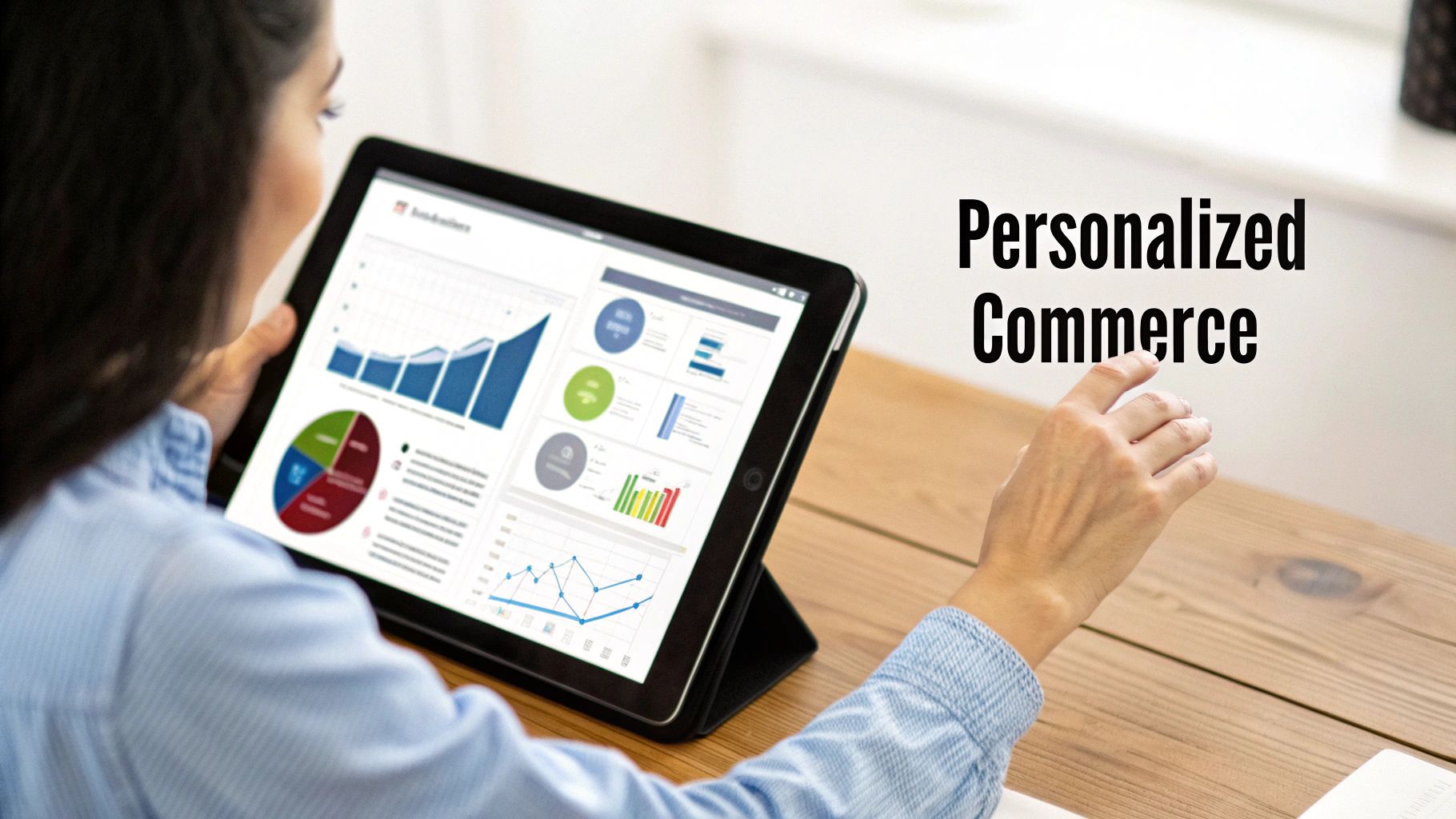 A person reviews personalized commerce data and business analytics charts on a digital tablet.