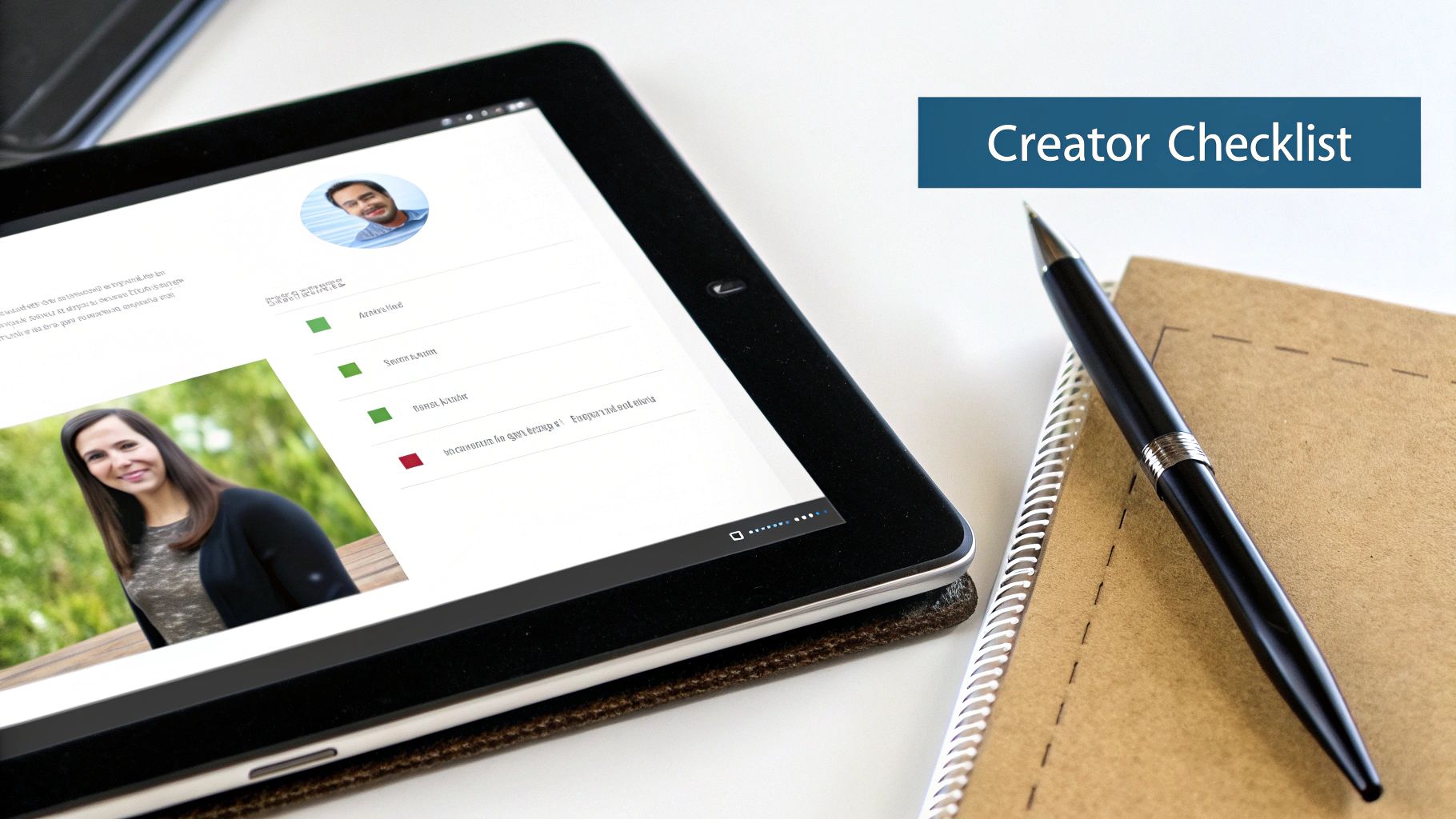 A tablet displays a 'Creator Checklist' with profile images, next to a pen and a notebook.