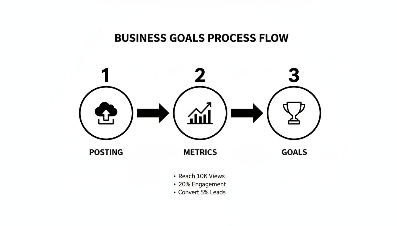 A business goals process flow diagram outlining three steps: Posting, Metrics, and Goals, with examples for metrics.