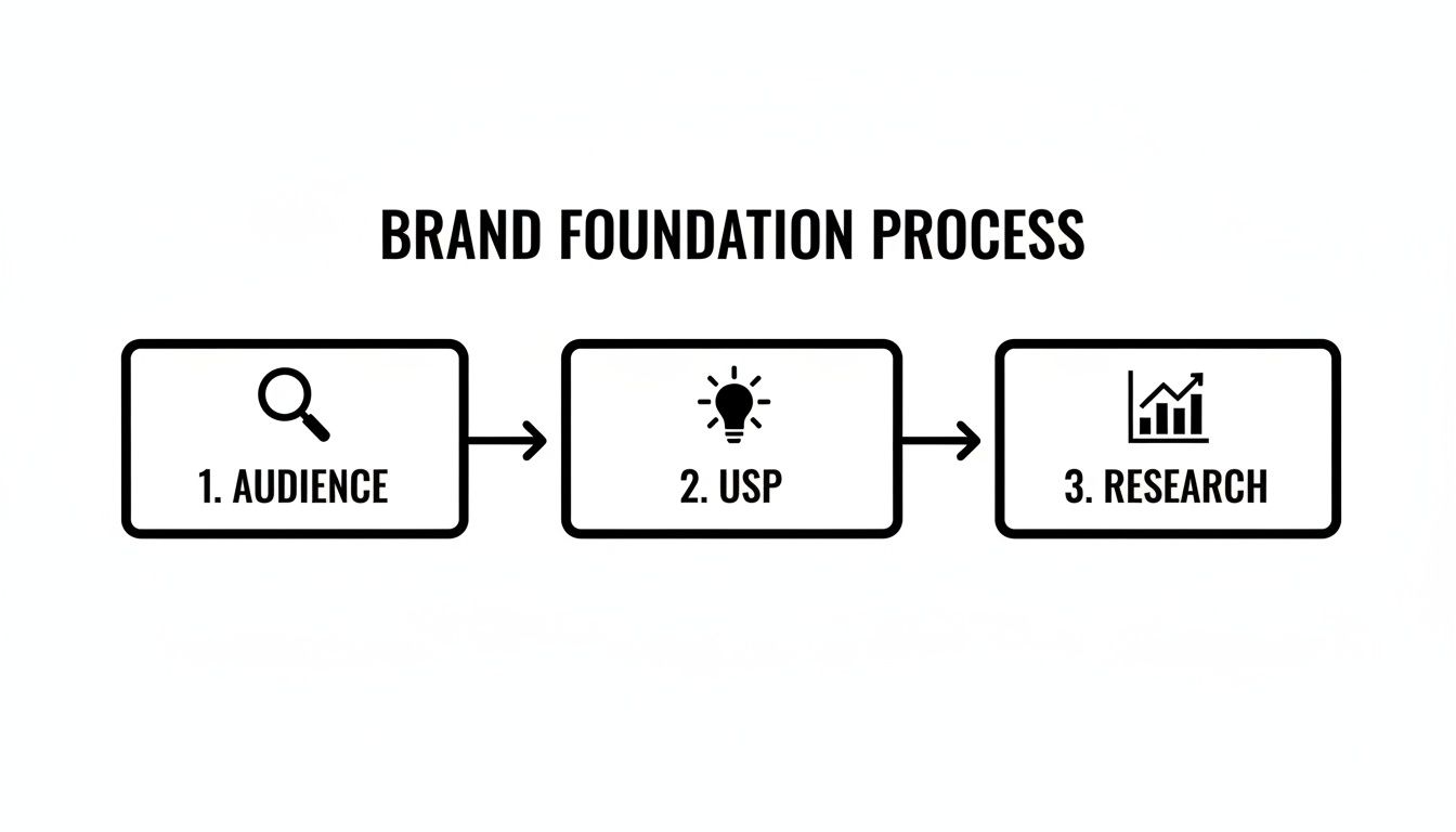 A visual diagram outlining the brand foundation process with three key steps: audience, USP, and research.