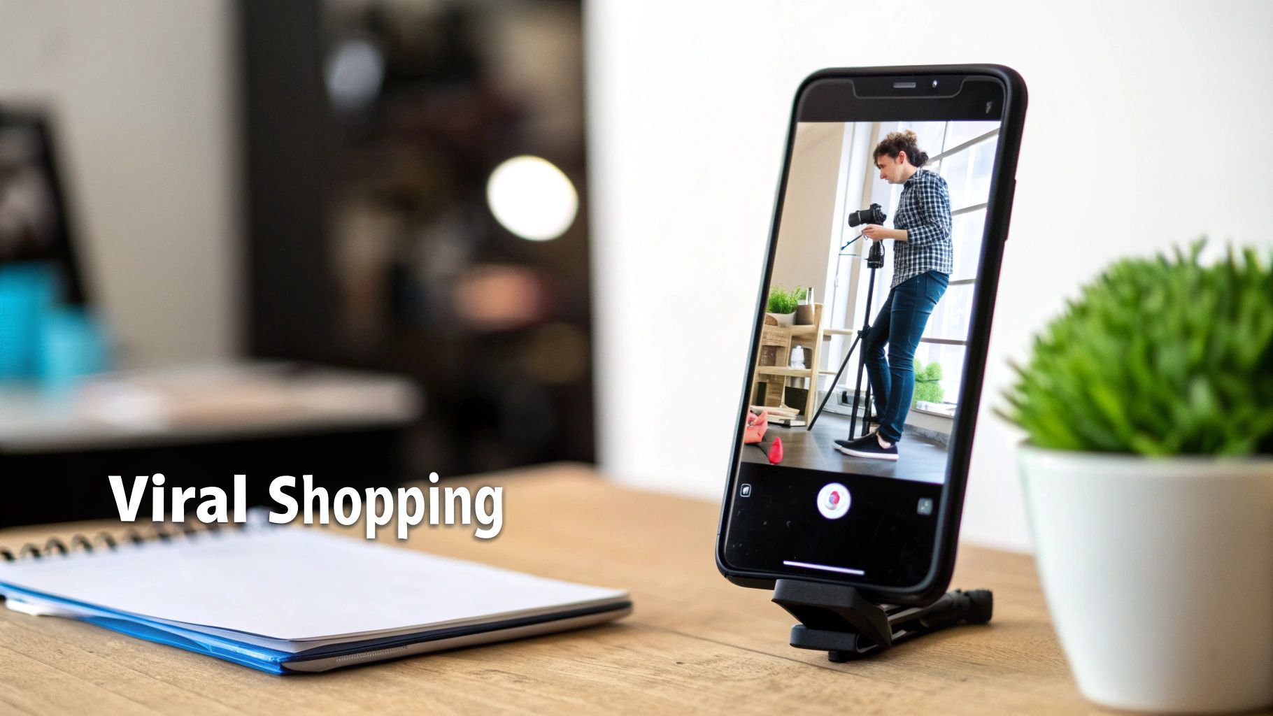 A smartphone records a man setting up a camera on a tripod, depicting a viral shopping or social commerce scene.