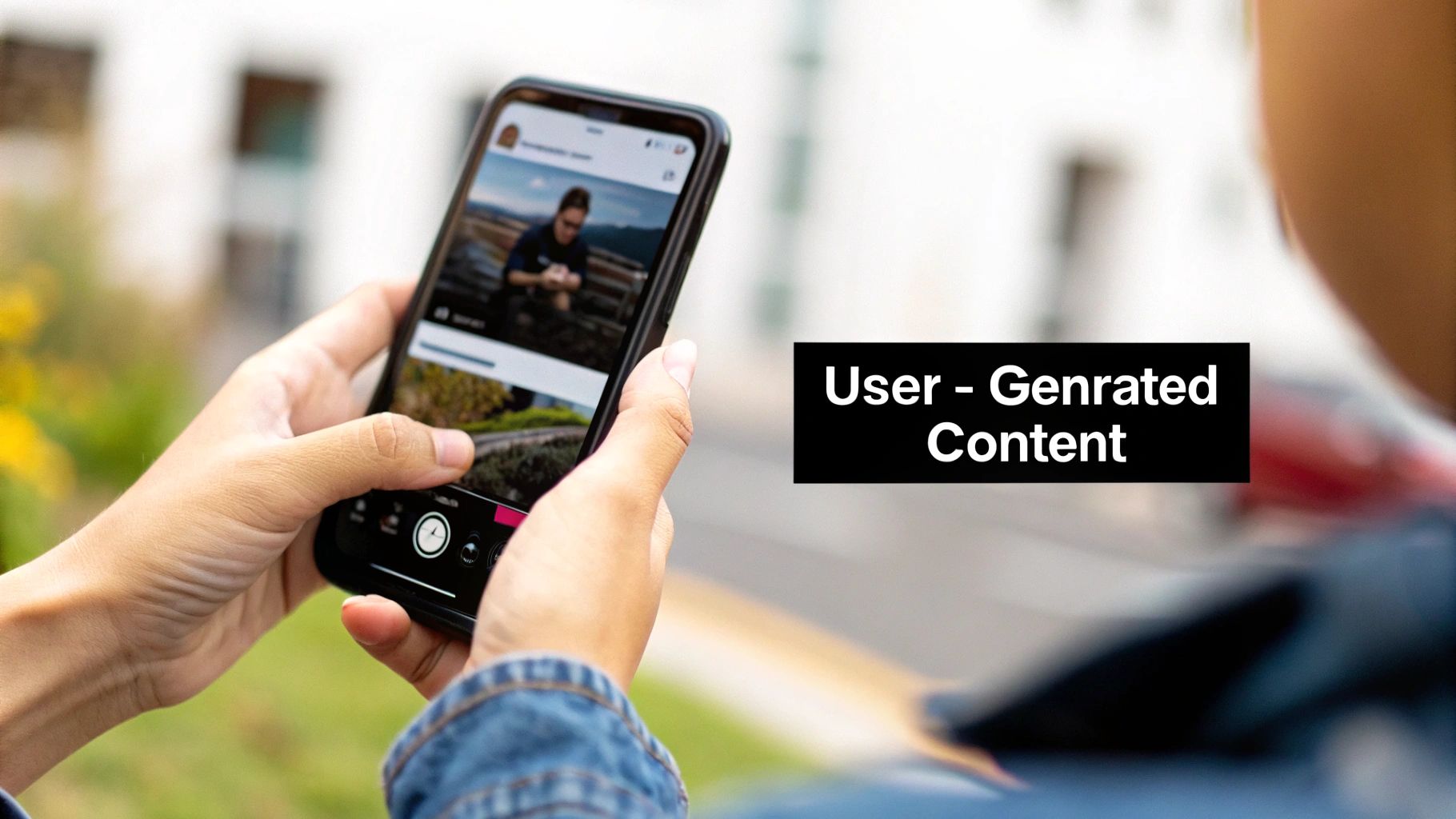 Close-up of hands holding a smartphone displaying user-generated content on a screen.