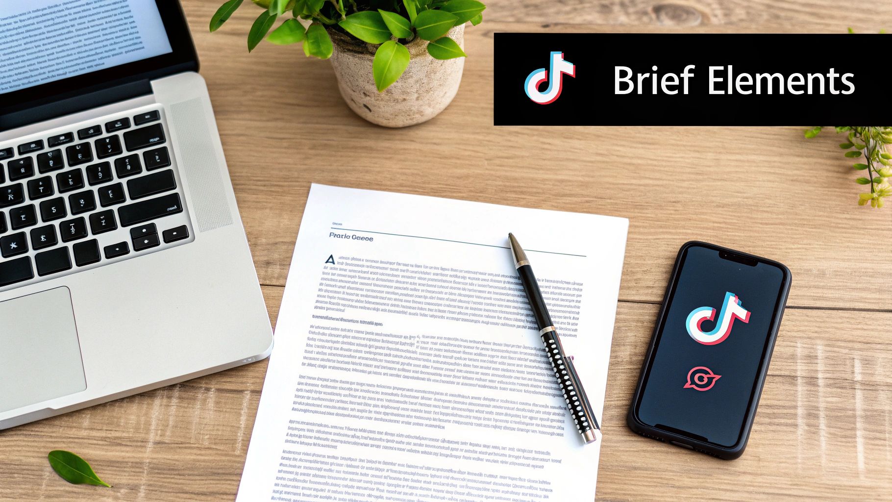 A modern desk with a laptop, document, pen, and smartphone displaying the TikTok logo.