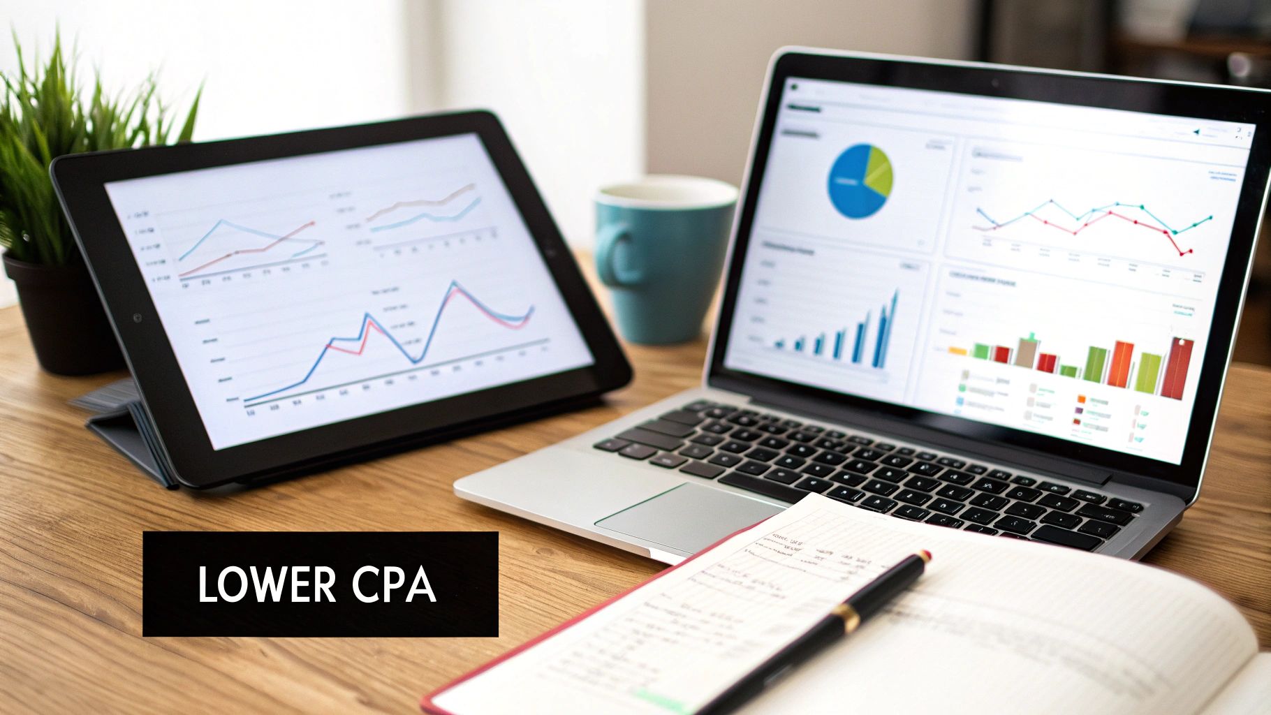 An abstract illustration showing gears turning, representing marketing strategies, with a downward-pointing arrow indicating a reduction in cost per acquisition.