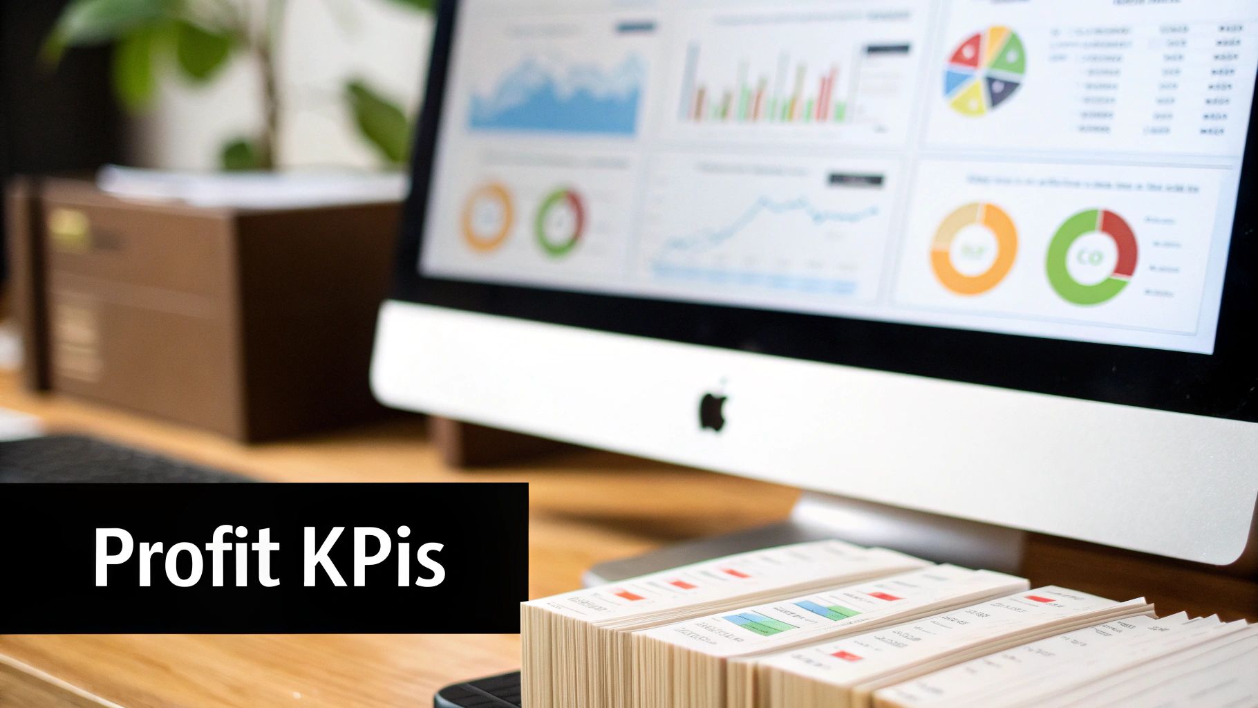 A computer monitor displays business analytics and profit KPIs, with data cards on a desk.