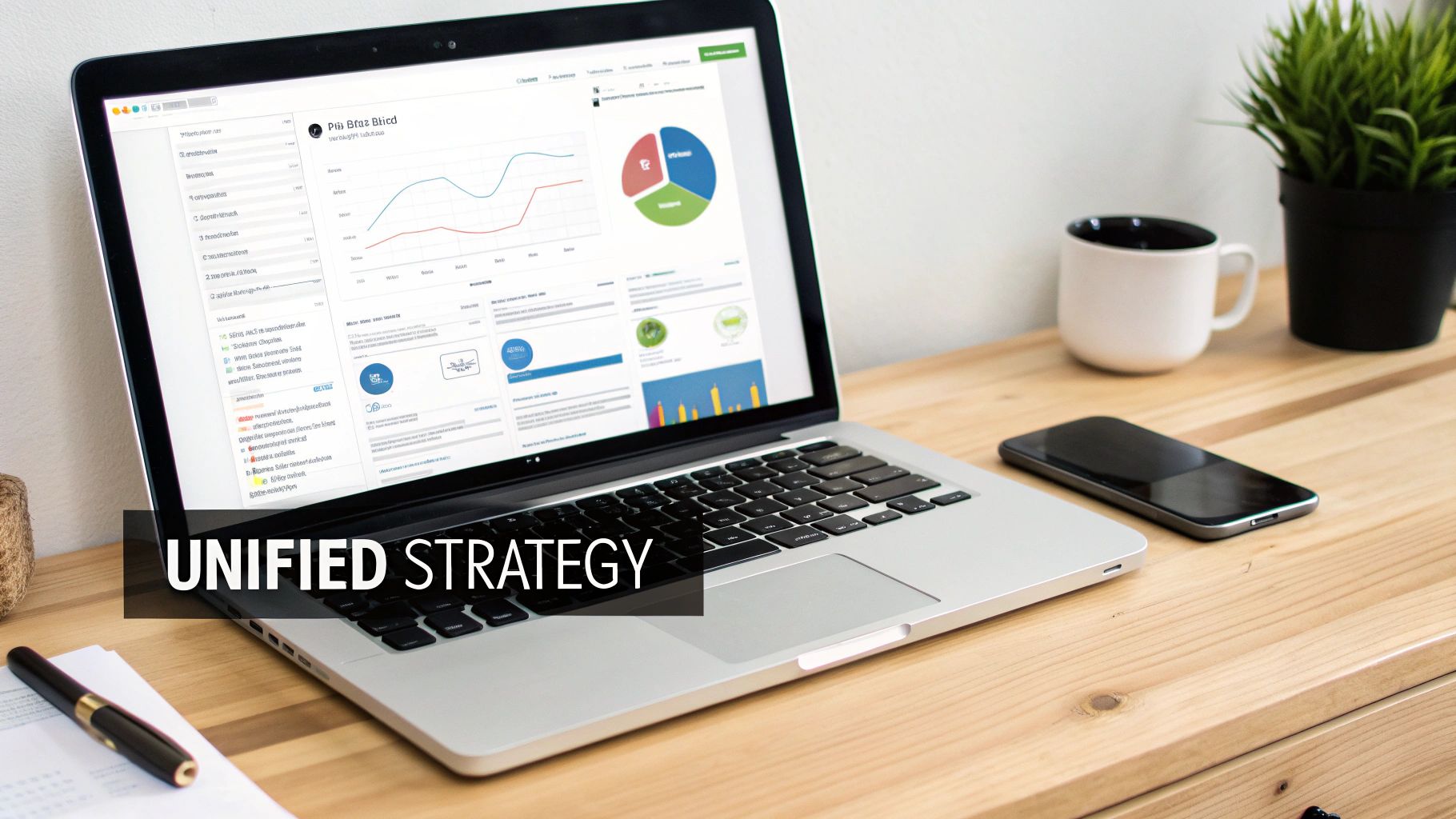 A laptop displaying data analytics and charts on a wooden desk, alongside a smartphone, coffee mug, and plant.