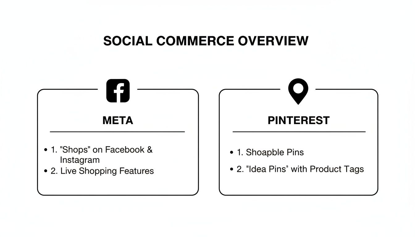 An overview of social commerce features on Meta (Facebook, Instagram) and Pinterest, including shops, live shopping, shopable pins, and idea pins.