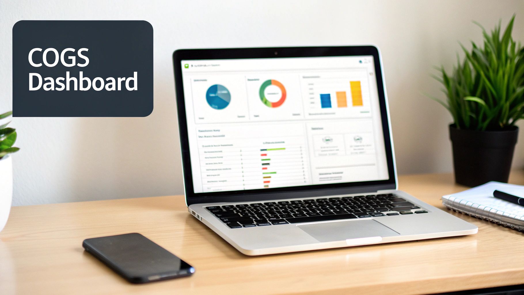 A laptop displays a COGS Dashboard with various financial charts and data on a wooden desk.