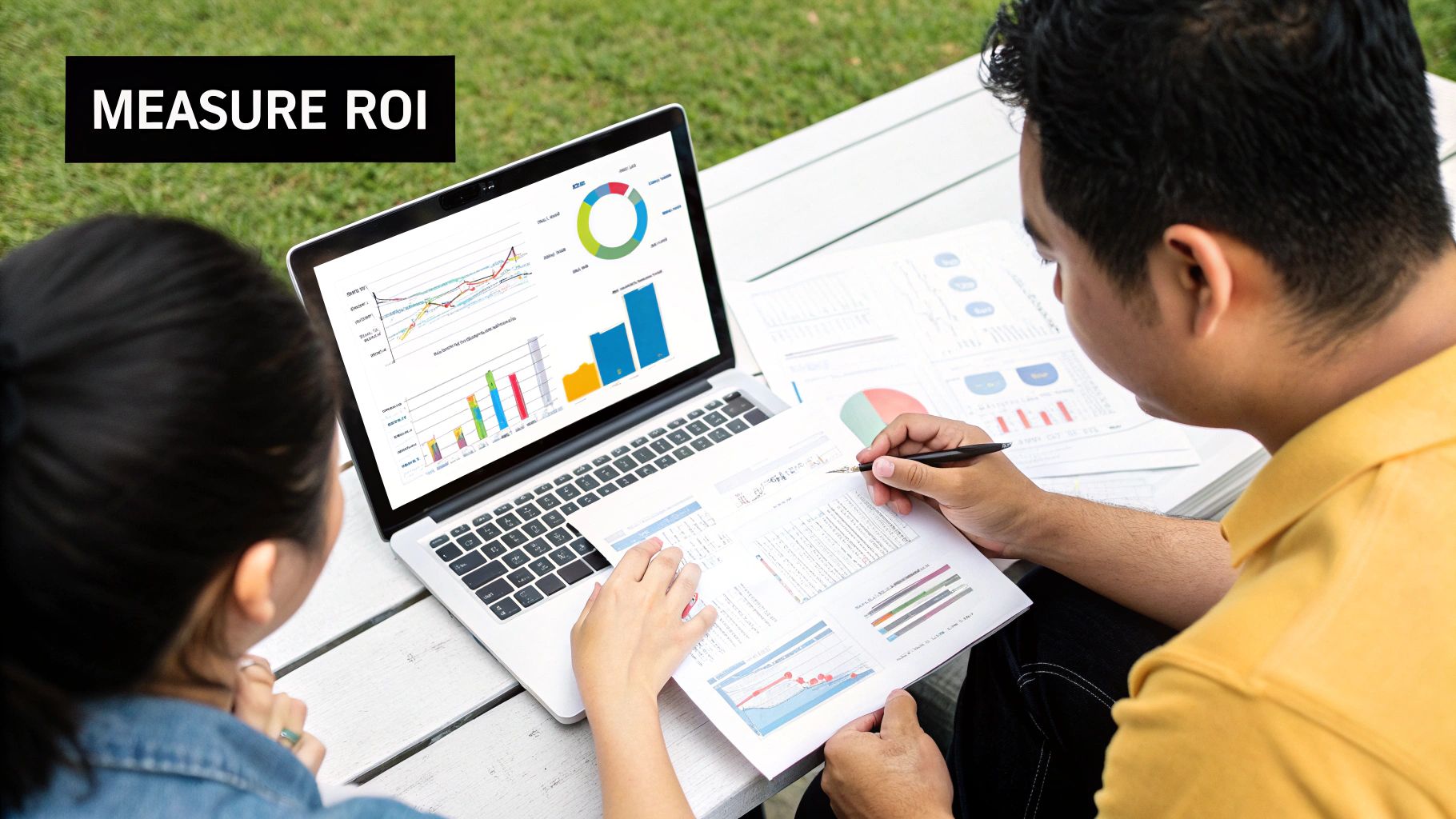 Colleagues discussing business data and measuring ROI with charts on a laptop.