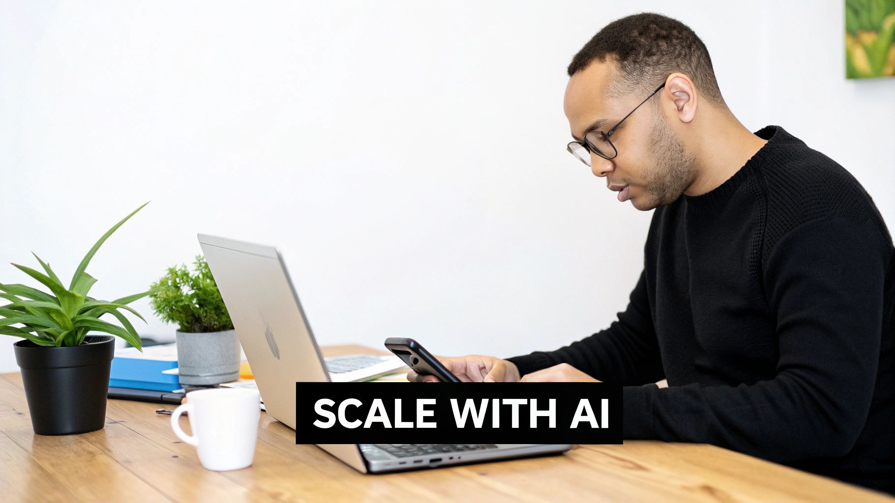 A man wearing glasses sits at a wooden desk, focused on his smartphone with a laptop open.
