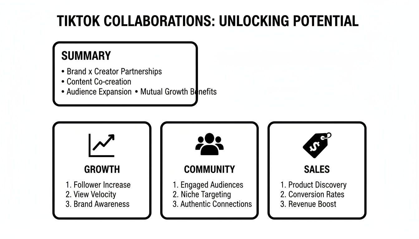 Infographic outlining the benefits of TikTok collaborations for growth, community, and sales.