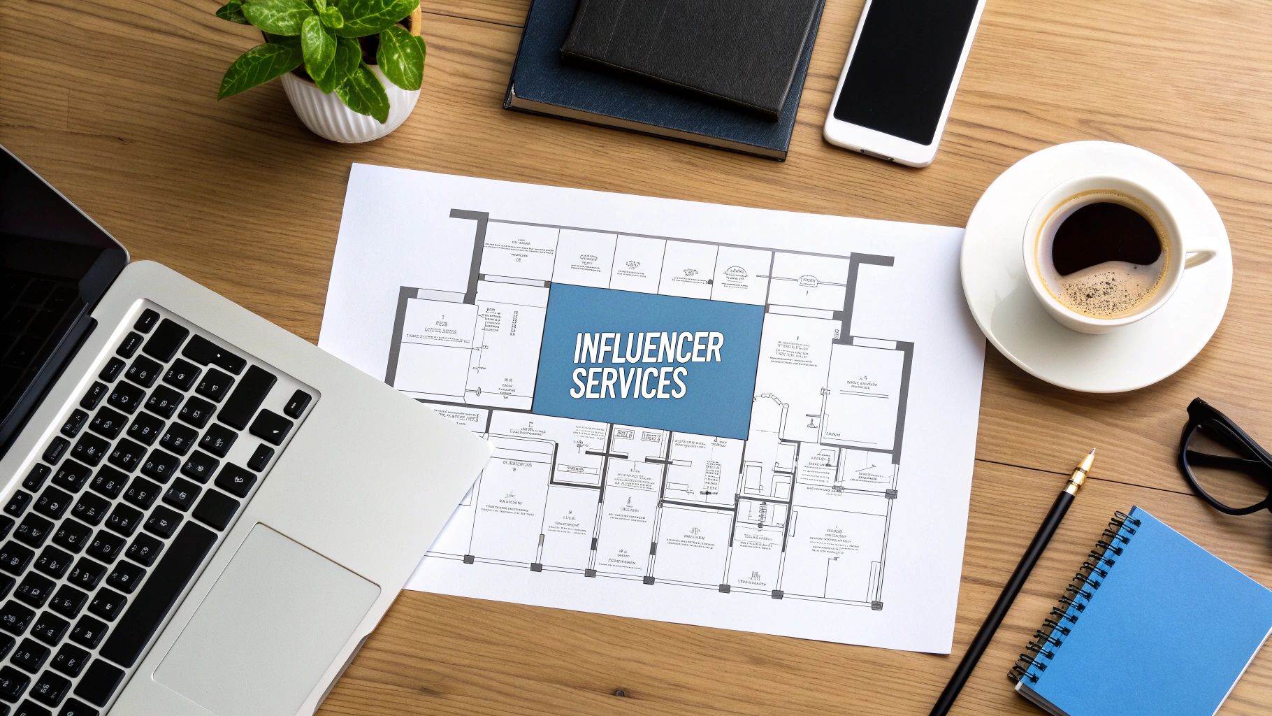 A group of marketing professionals strategizing around a table with laptops and charts, illustrating teamwork in an influencer marketing agency.