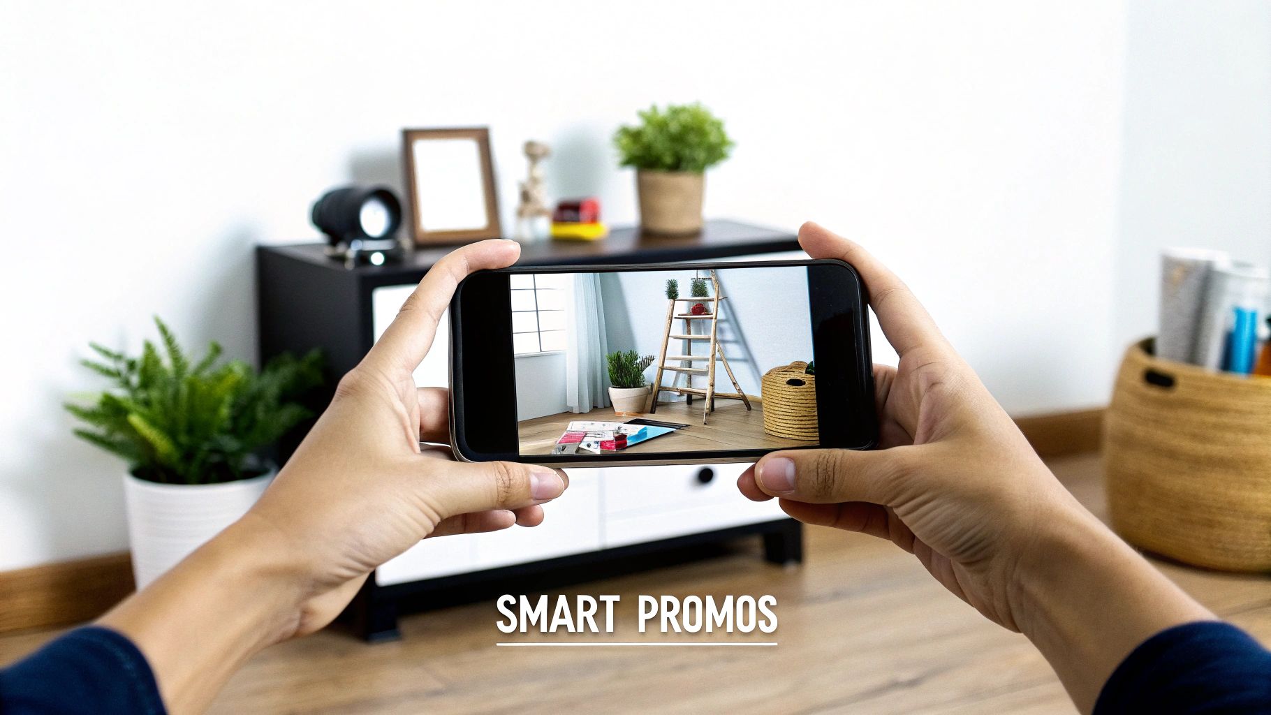 Hands hold a smartphone displaying an interior decor scene with plants, a ladder, and a basket, with 'SMART PROMOS' text.