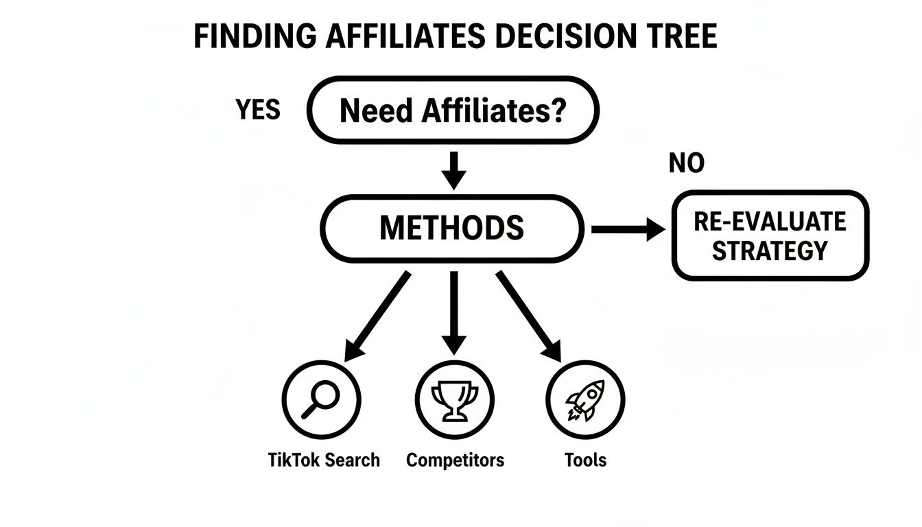 Decision tree illustrating strategies to find affiliates, including TikTok search, competitor analysis, and tools.