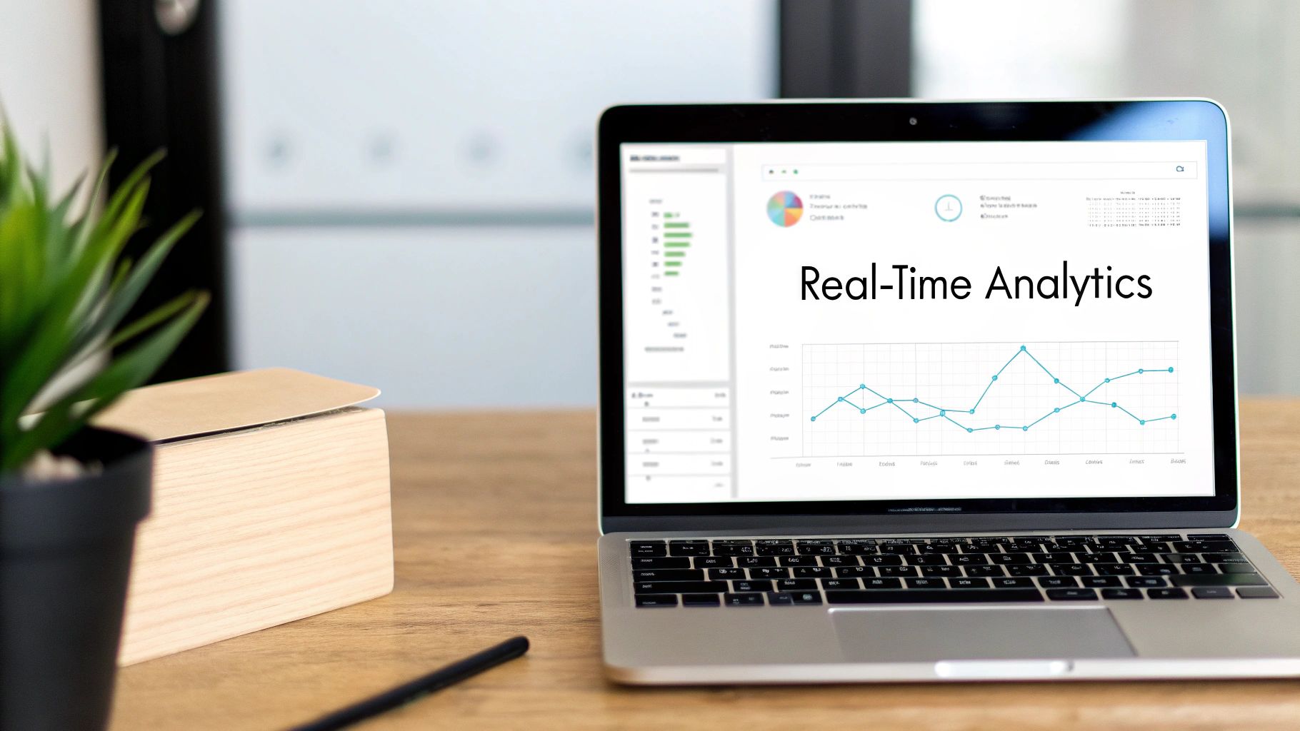 A laptop on a wooden desk displays 'Real-Time Analytics' with charts and graphs, next to a plant.