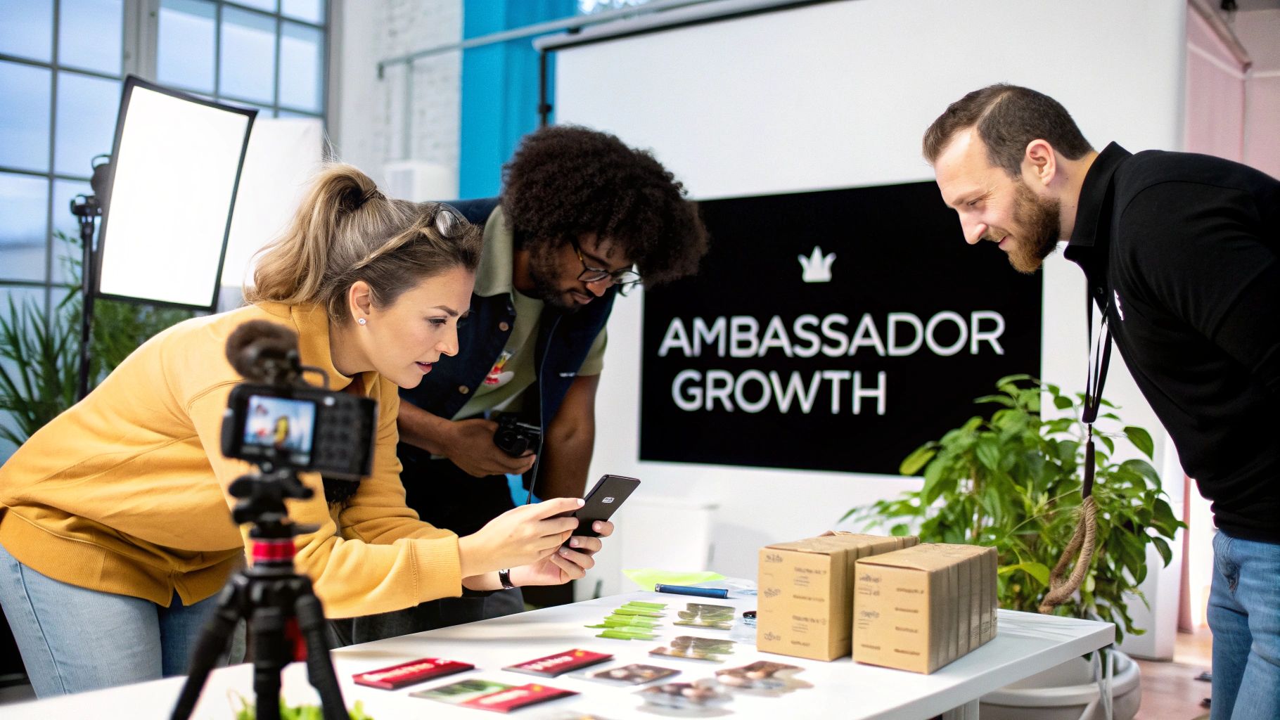 Professionals in a studio review content, with 'Ambassador Growth' displayed on a screen in the background.