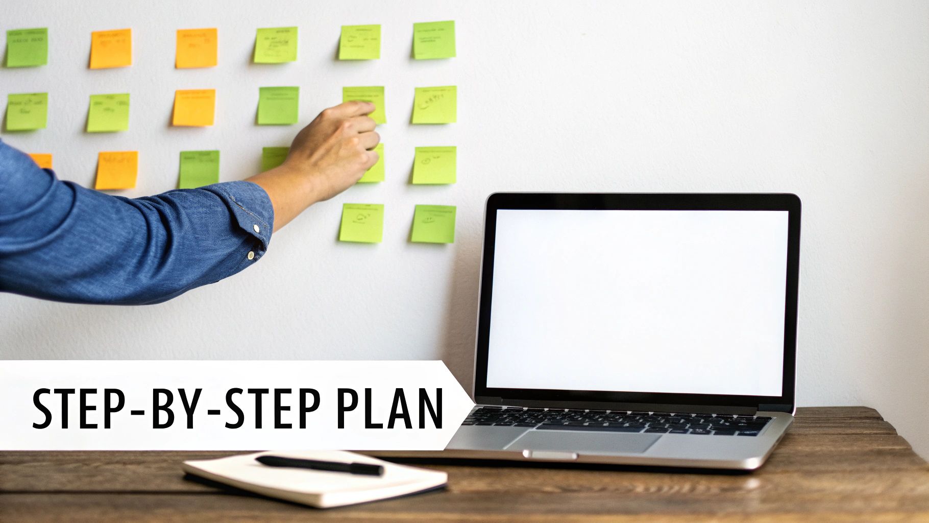 Person organizing colorful sticky notes on a wall next to a laptop, representing a step-by-step plan.
