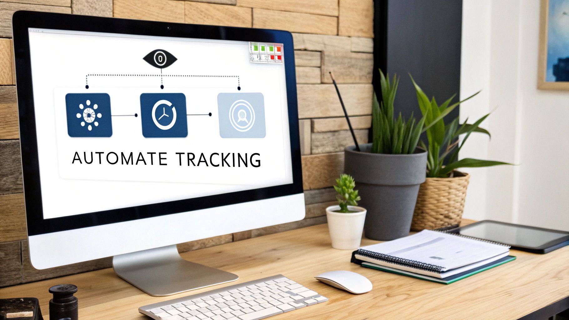 A computer monitor on a wooden desk displays 'Automate Tracking' text and icons, with plants and office supplies.