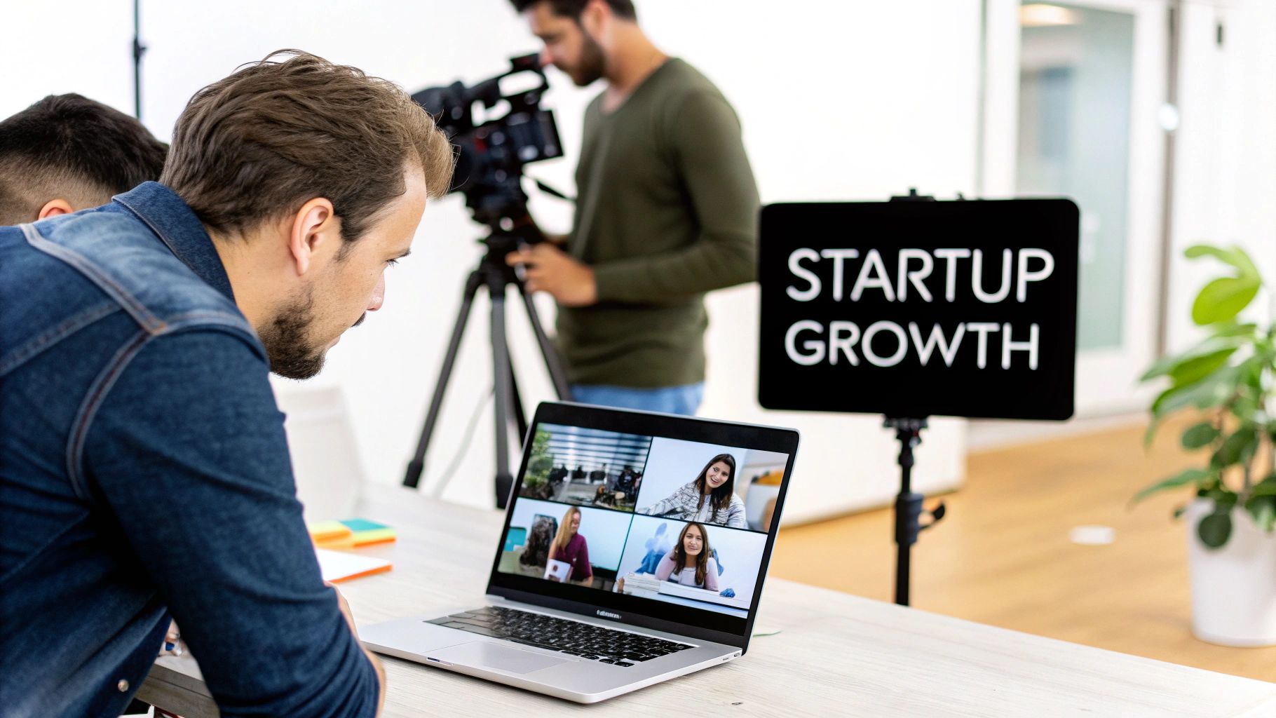 A man watches a video conference on a laptop, with a cameraman filming in the background and a 'Startup Growth' sign.