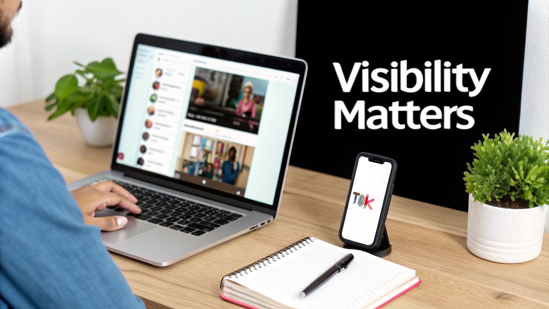 A person uses a laptop at a desk with a smartphone, notebook, and a 'Visibility Matters' sign.