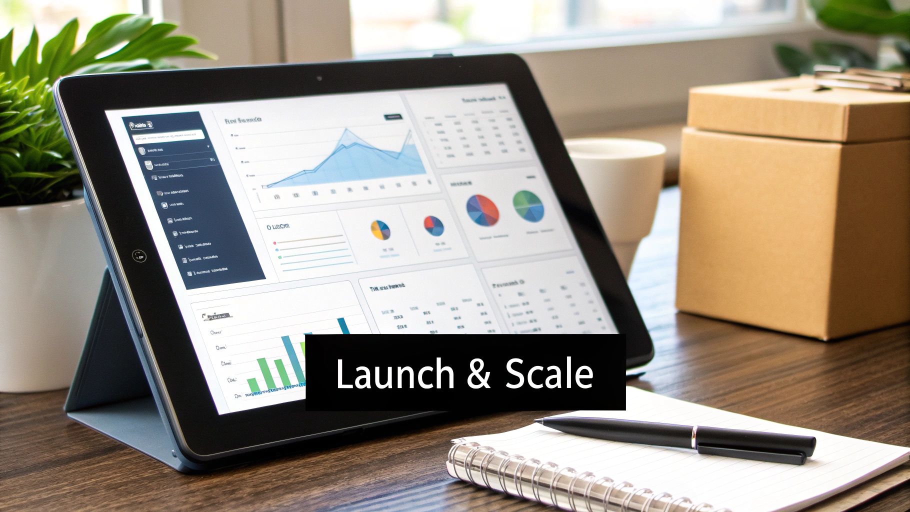 A tablet showing business analytics dashboards on a wooden desk with a notebook, pen, and plant.