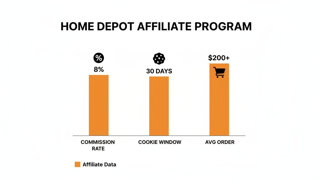 Bar chart showing Home Depot affiliate program details: 8% commission, 30-day cookie, $200+ average order.