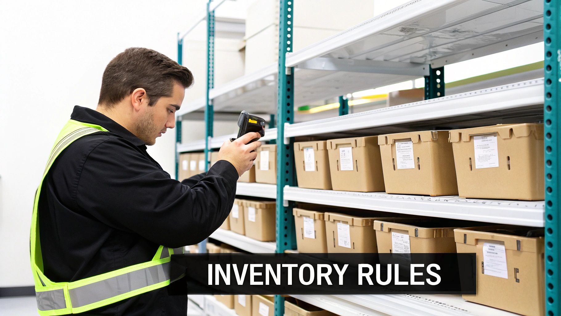 Man in safety vest scanning items on warehouse shelves with a barcode scanner.