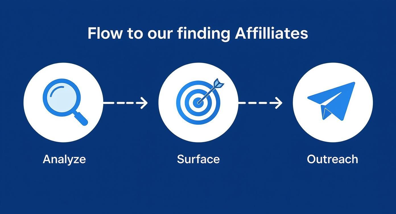 Flowchart illustrating the three-step process of finding affiliates: Analyze, Surface, and Outreach, with magnifying glass, target, and paper airplane icons.