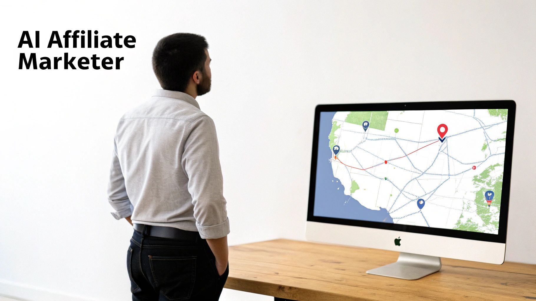 Man analyzing a digital US map with location pins on a monitor, representing AI affiliate marketing.