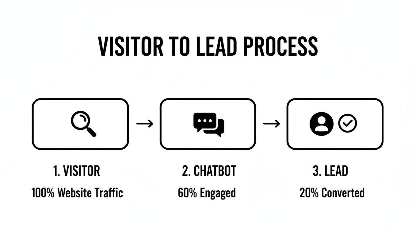 Flowchart showing visitor to lead process: 100% website traffic, 60% chatbot engaged, 20% converted leads.