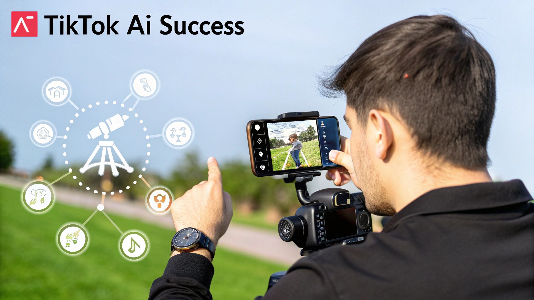 A person using a smartphone with the TikTok interface and AI icons floating around, symbolizing AI-powered strategies for TikTok Shop