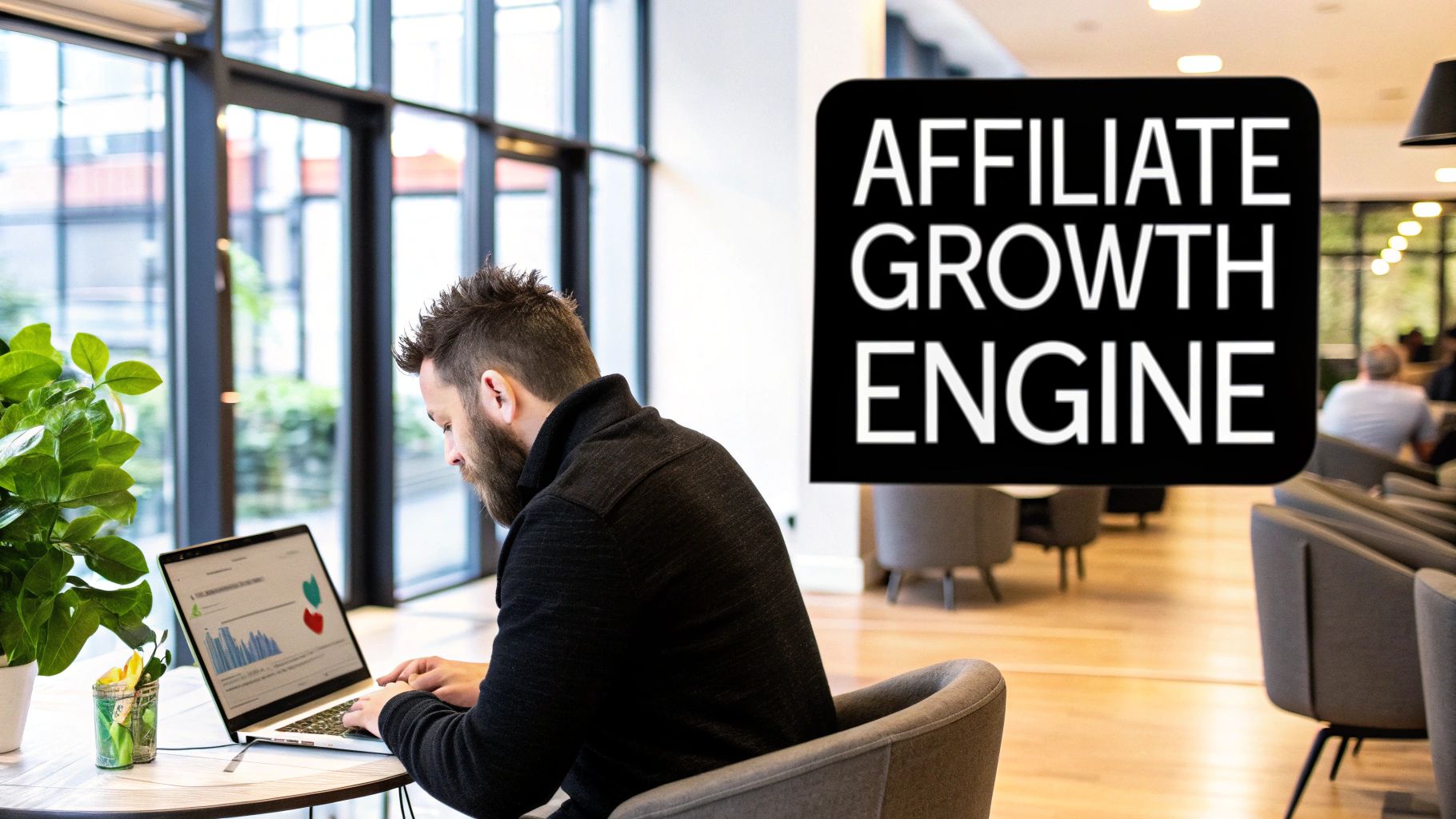 A group of diverse creators collaborating around a laptop, showing data charts and social media icons, symbolizing a thriving affiliate network.