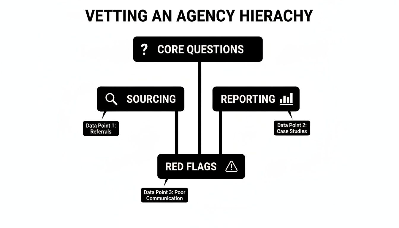 Flowchart detailing the process of vetting an agency hierarchy, covering core questions, sourcing, reporting, and red flags.