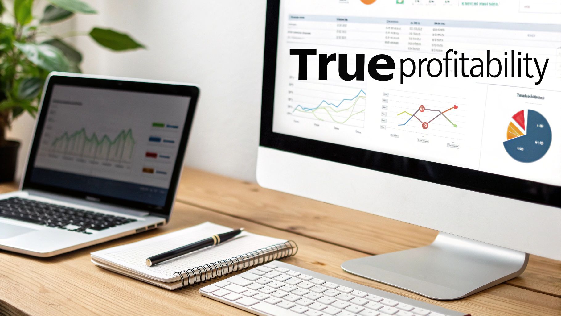 Desk setup with computer screens displaying business data, graphs, and the text 'True profitability'.